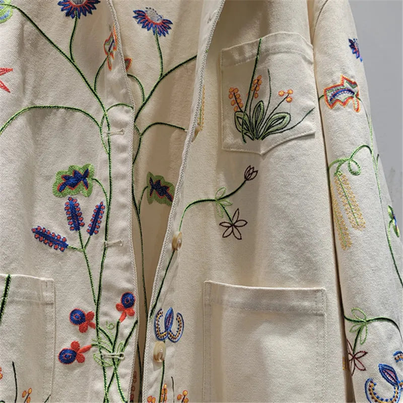 DEAT Women's Denim Coat Turn-down Collar Flower Embroidery Design Pocket Single Breasted Jackets 2026 Spring New 29A6164