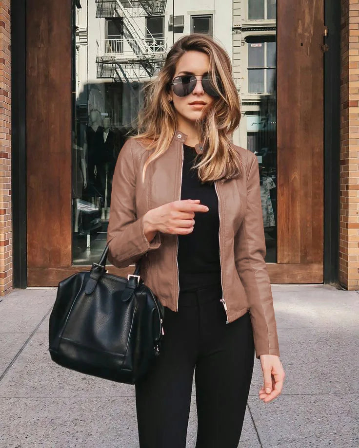 Autumn and Winter New Fashion Black Leather PU Suit Jacket Women Tops Zipper Stand Collar Slim Fit Casual Short Jacket for Women
