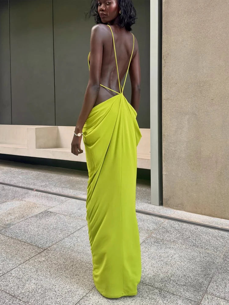 Women Sexy Soilid Hollow-out Maxi Dress Fashion Sleeveless Backless Pleated Slim Female Dresses Summer 2026 Party Evening Robe