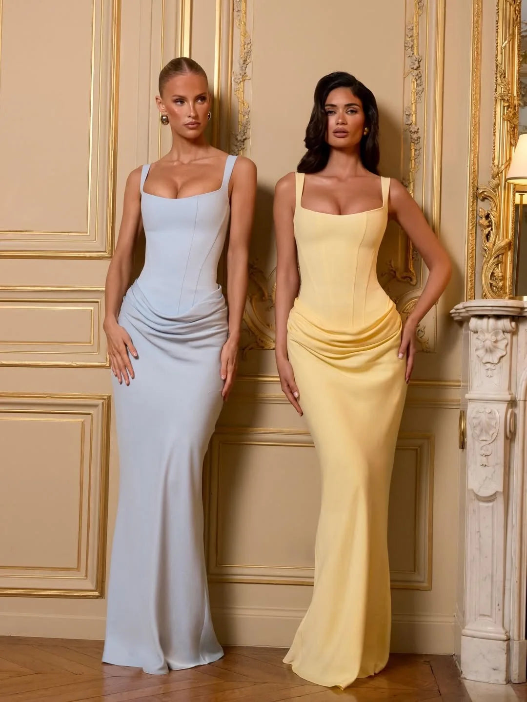 Ladies' formal square neck sleeveless waist cinching design with pleated fish tail long skirt for dinner party slimming dress