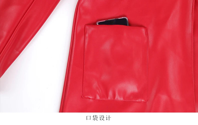 Nerazzurri Spring Autumn Long Red Soft Pu Leather Trench Coat for Women Pockets Sashes Luxury Elegant Chic Stylish Overcoat 2023
