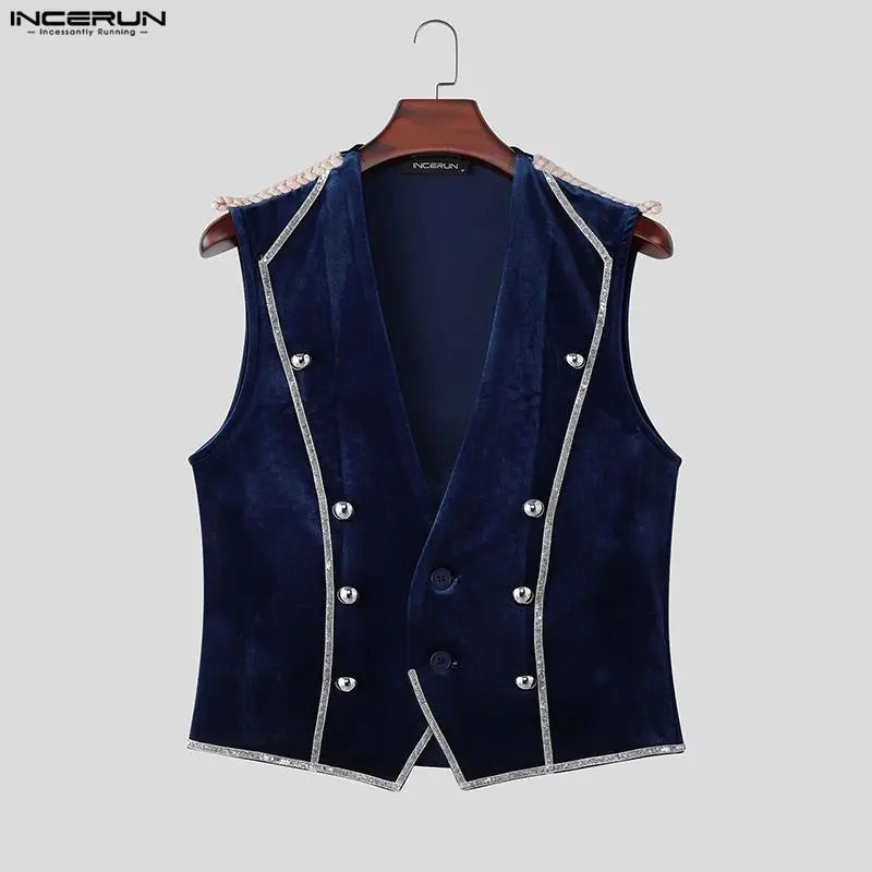 INCERUN Men's Vests Velour Patchwork Lapel Sleeveless Button Male Waistcoats Elegant Streetwear Fashion Casual Vests For Man