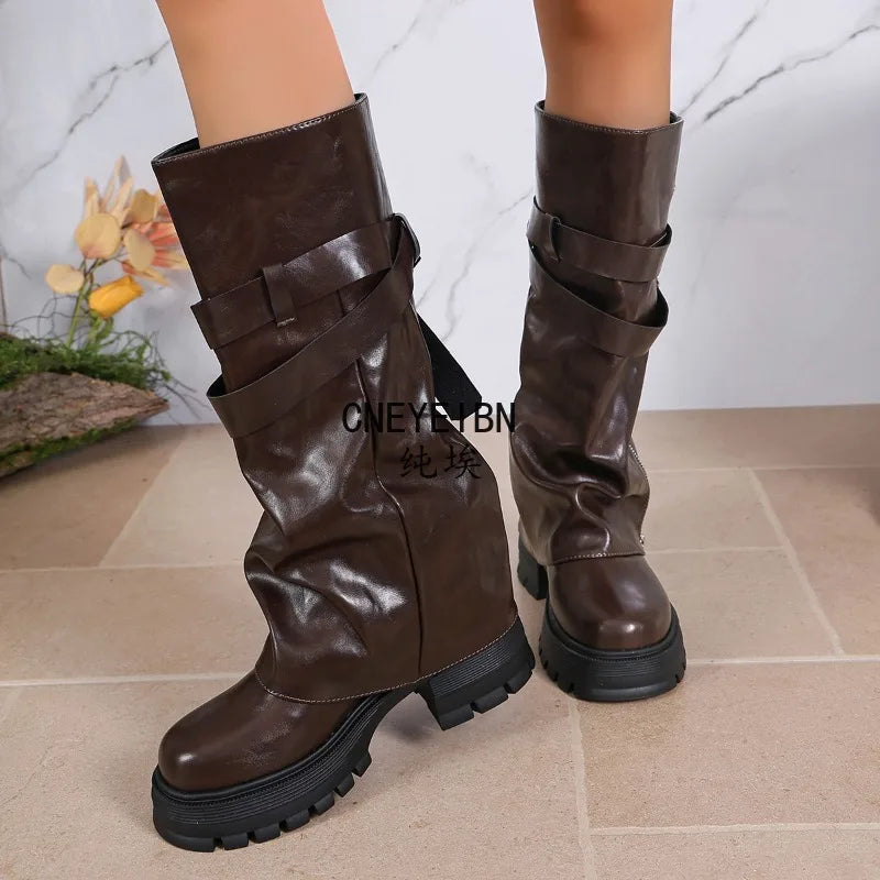 Platform Chunky Sole Women Knee High Boots Buckle Strap Side Zipper Shoes Autumn Winter Vintage Ladies Non Slip Long Boots