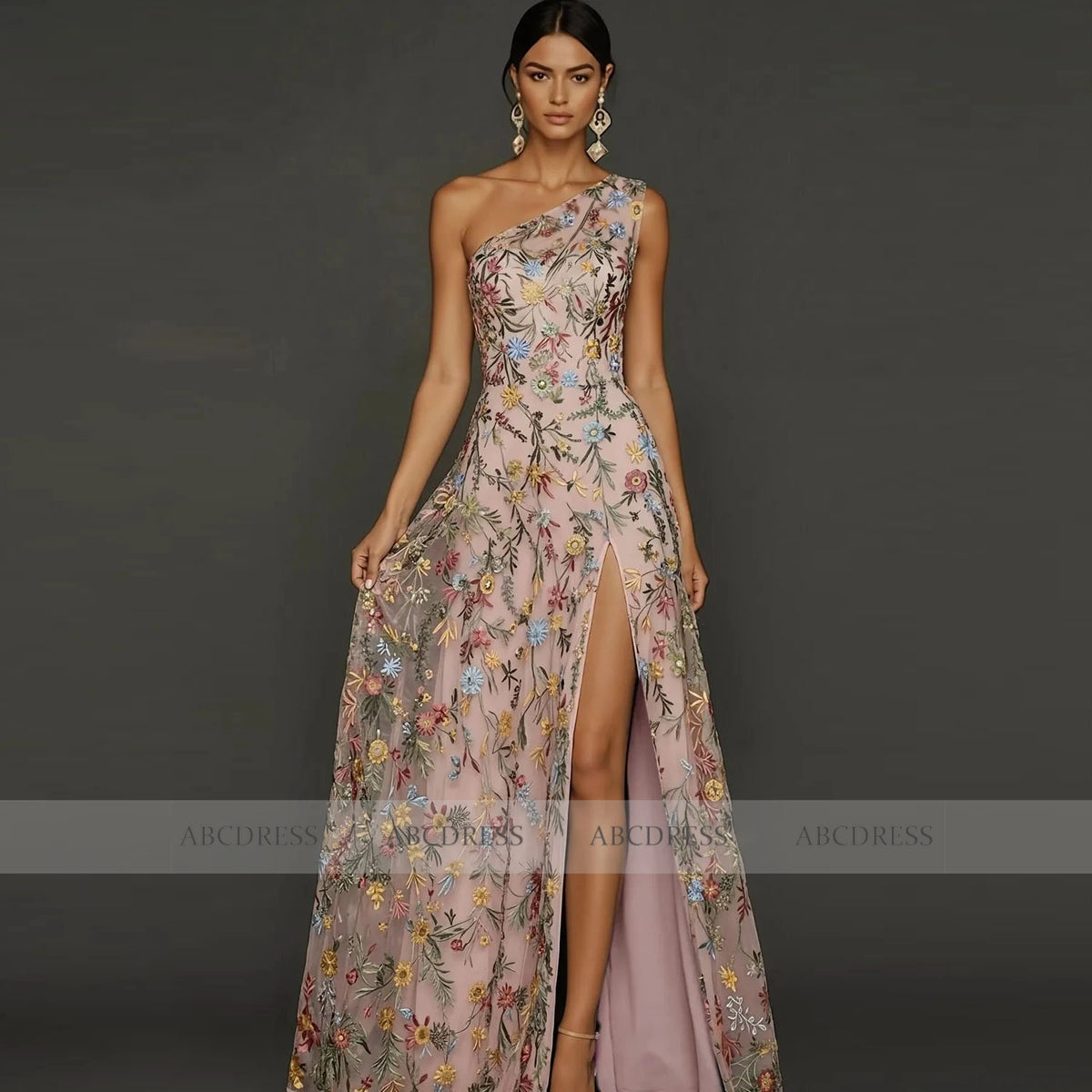 Customized Floral Embroidery Tulle Prom Dress One‑Shoulder Long Formal Evening Gown Backless Wedding Guest Dresses Plus Size