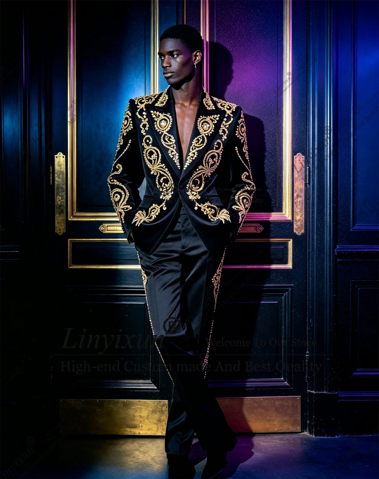Luxury Metal Embellished Diamond Men Suits Peaked Lapel Groom Tuxedos Party Prom Blazer Customized 2 Pieces Sets Costume Homme