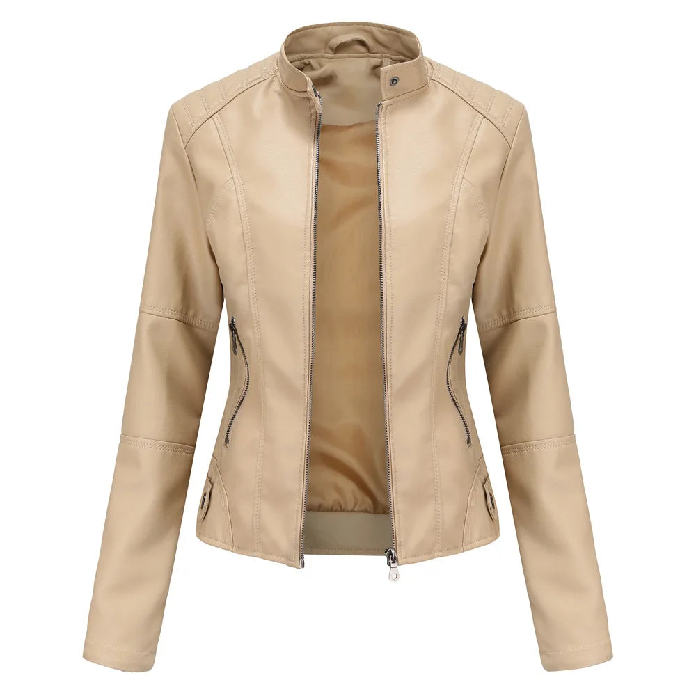 Women's Slim Fit Leather Jacket with Motorcycle Suit, Large Standing Collar, Autumn Black Zipper Outdoor Leather Top