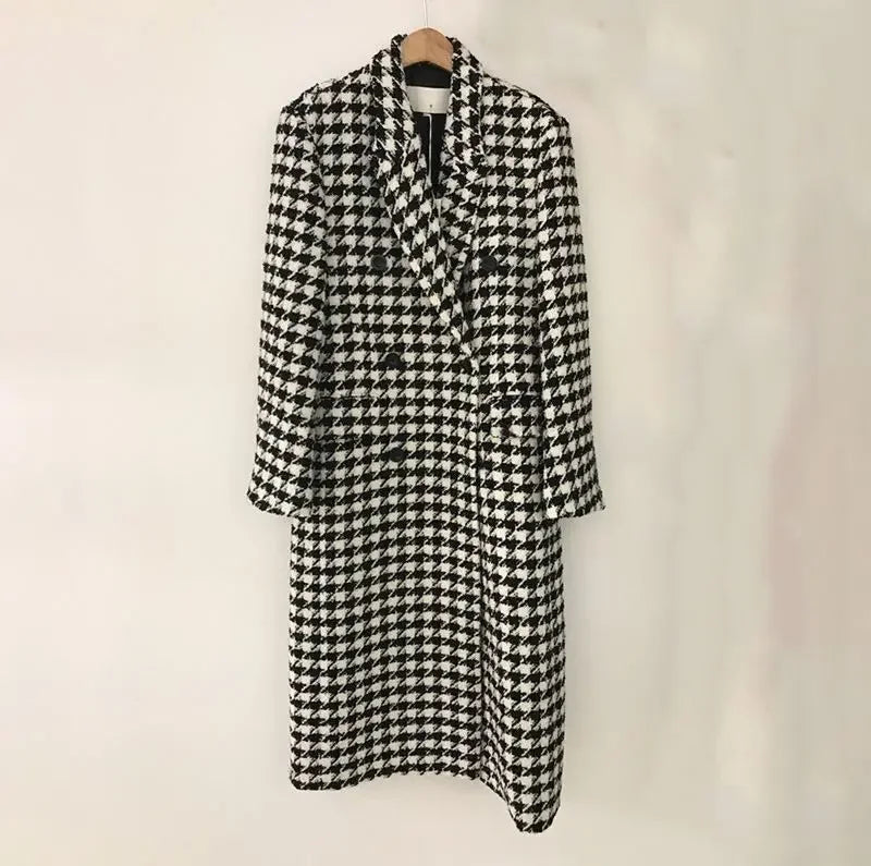 Women Autumn Winter Woolen Coat 2025 New Women Double Breasted Coat Korean Houndstooth Mid-Length Woolen Coat Lady Winter Jacket