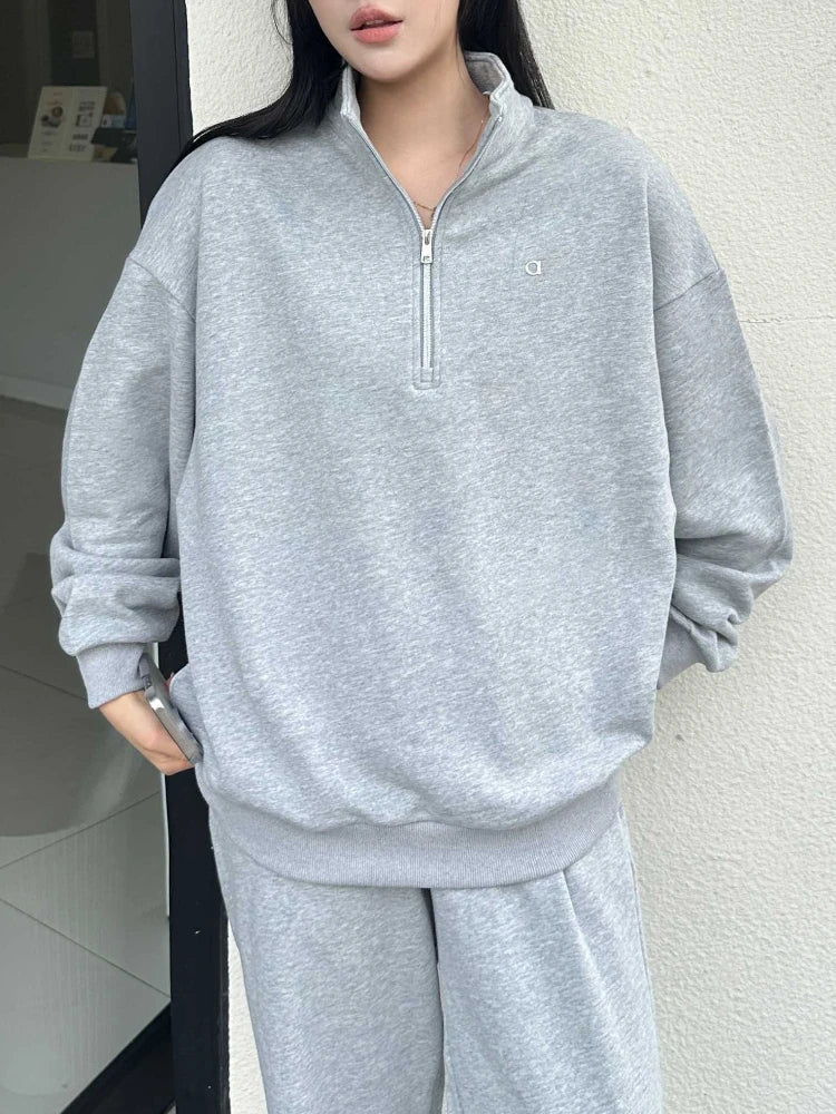 Black Sports Fitness Hoodies Women Casual Fashion Long-sleeved Gray Zip Sweatshirt Autumn New Loose Stand Up Collar Pullover