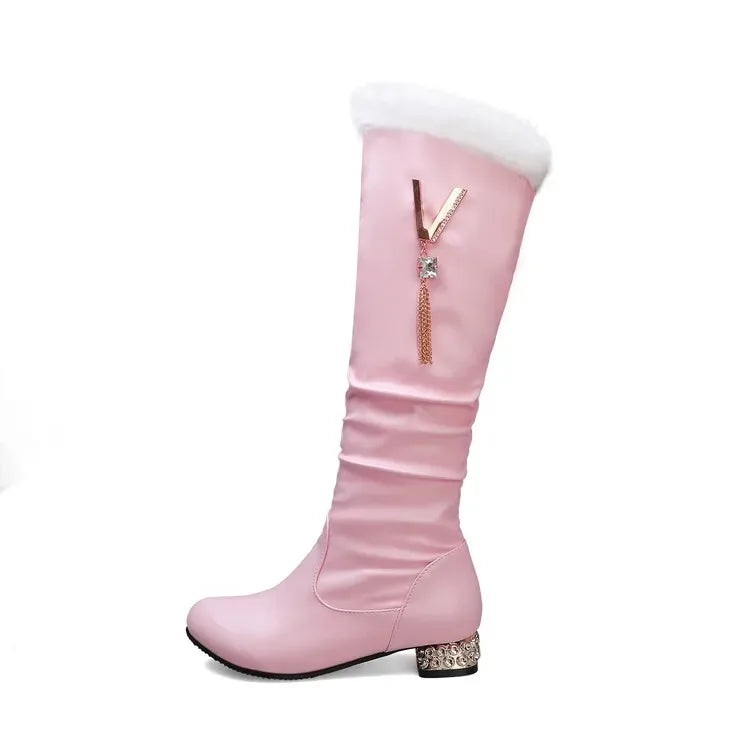 Winter Warm Knee High Boots Women Platform Wedges High Heels Snow Boots Slip on Winter Ladies Shoes White Black Pink 2025