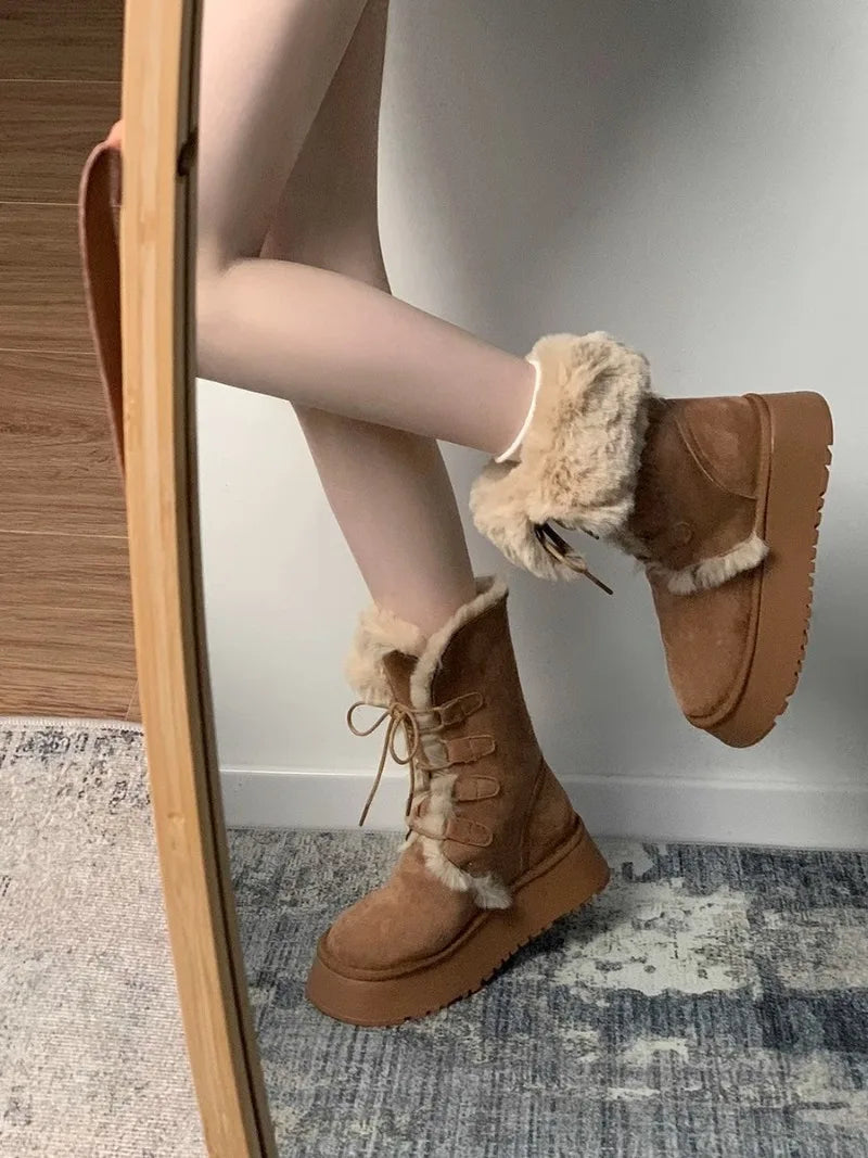 Retro fur integrated warm snow boots for women in winter 2025, new thick soled and plush thick anti slip cotton shoes