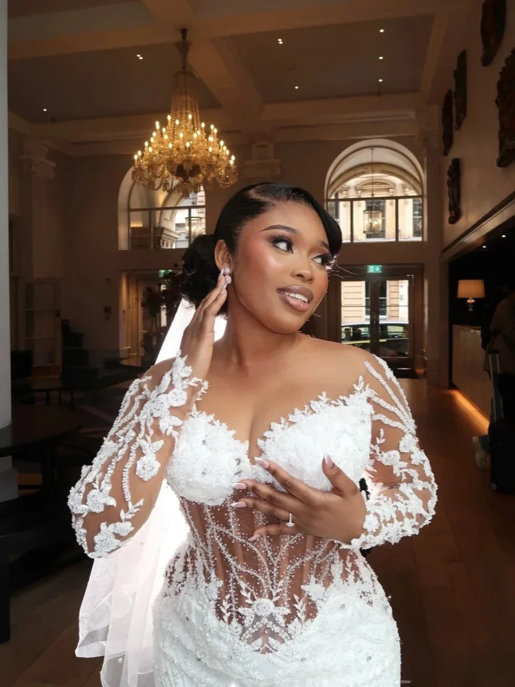 Luxury White Mermaid Wedding Dress Lace Decal Beads Sexy V-neck Bride Dress African Women Transparent Sleeves Banquet Dress