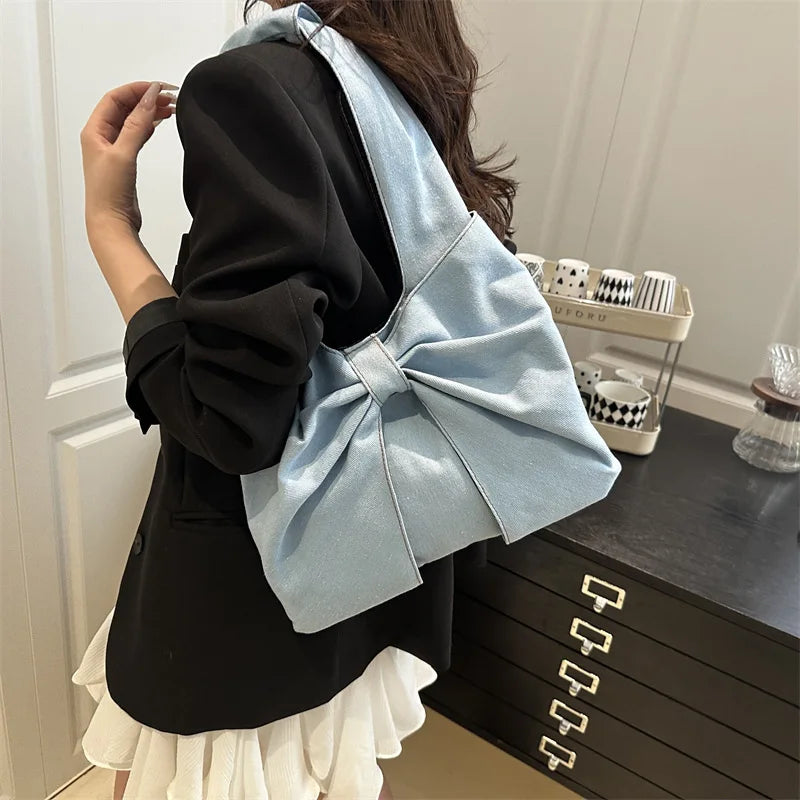 Sweet Bowknot Design Women's Denim Shoulder Bags Commuter Thread Ladies Handbags Casual Lightweight Female Underarm Tote Bag