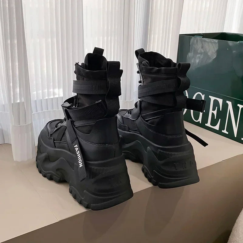 Fashion Platform Ankle Boots for Women Chunky Thick Sole Lace Up Motorcycle Boots Ladies Light Cozy Non-slip Shoe Botas De Mujer