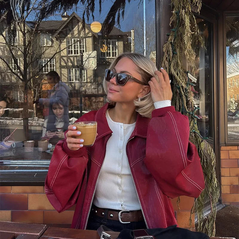 Women Stand Collar Leather Pilot Jacket Red Zipper Cropped Coat Fashion Casual Fashion Outerwear 2026 New Arrival Streetwear