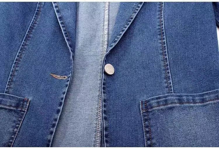 Spring Autumn New One Button Design Denim Jacket For Women Slimming Fit Suit Collar Solid Color Cardigan Blue Cowboy Outer Wear