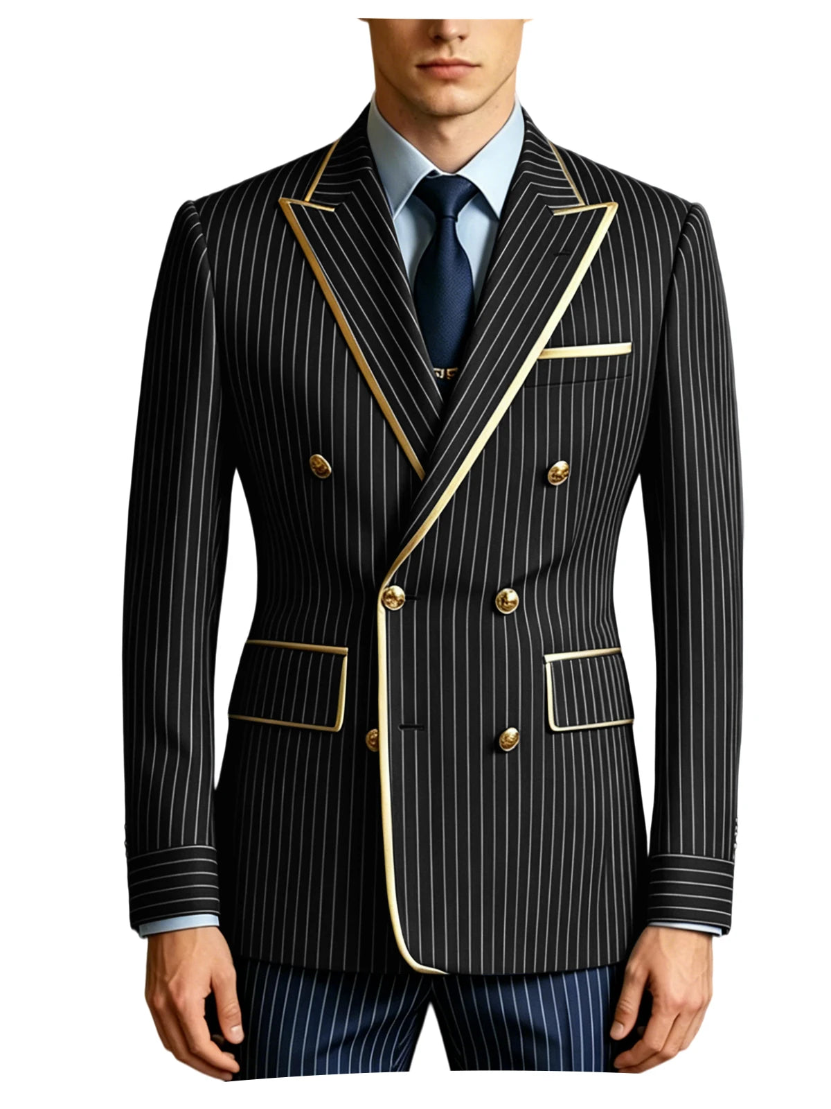 Men's Double Breasted Pinstripe Blazer Slim Fit Formal Business Suit Jacket Luxury Gold Trim  Tuxedo for Wedding Party Office