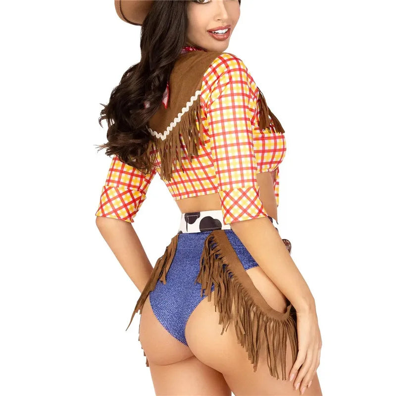Halloween Women Cowgirl Cosplay Costume Retro Western Plaid Fringe Decor Crop Top Shorts With Bandana Belt Club Party Outfit