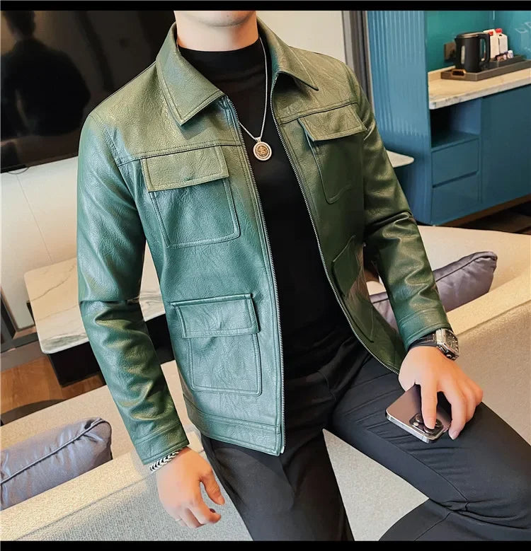 Autumn Winter High Quality Faux Leather Jacket Fashion Multi Pocket Design PU Leather Coats Man Vintage Business Slim Fit Coats