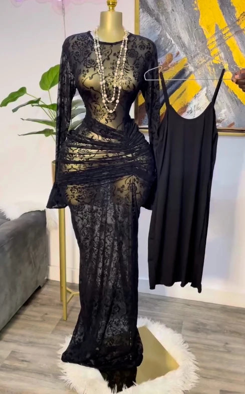 CM.YAYA Women Long Sleeve Stacked Mesh See Though with Lining Bodycon Long Dress 2025 Autumn Evening Birthday Sexy Party Dresses