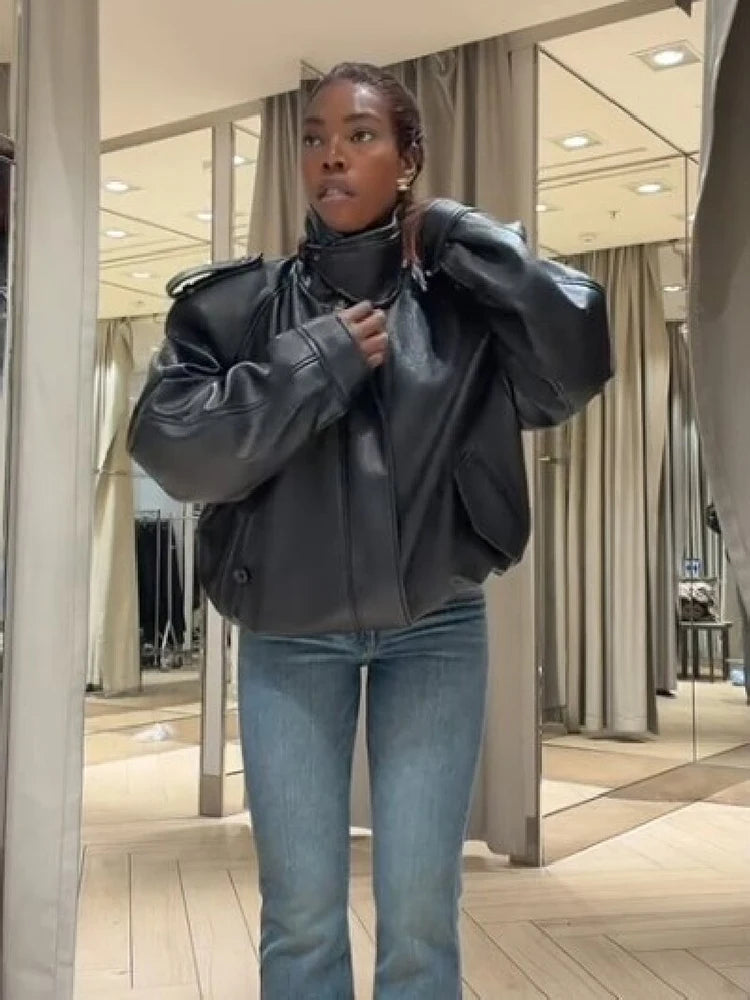Vintage Black Faux Leather Moto Jacket Women Stand High Collar Design Oversized Cropped Biker Coat Street Fashion Outerwear 2026