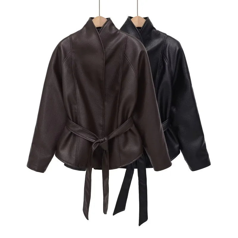 Women 2026 Spring Autumn New Hot Selling Solid Color Belted Slim Fit Faux Leather Jacket Coat Fashion Trendy Chic Outerwear Best