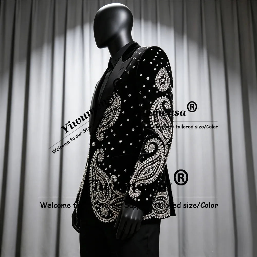 Luxury Crystal Suit For Men 2 Pieces Glitter Diamond Wedding Tuxedos Groom Outfit Customized Prom Blazer Pants roupas masculinas