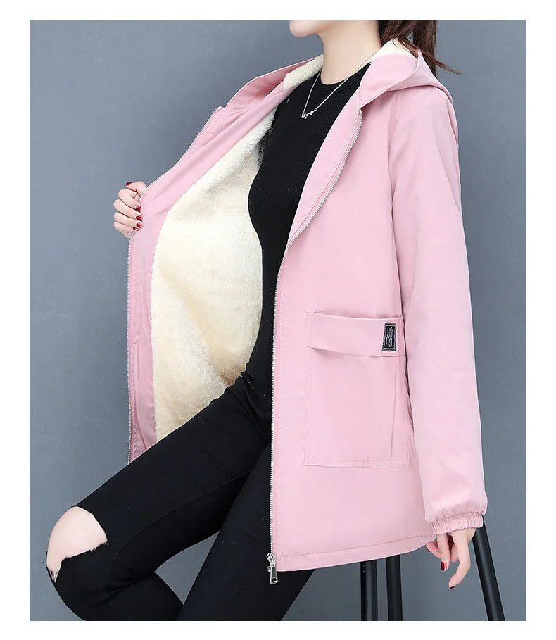 2023 Autumn Winter New Thick Warm Lamb Wool Cotton-padded Coat Women's Mid-length All-fit Loose Hooded Female Blouse