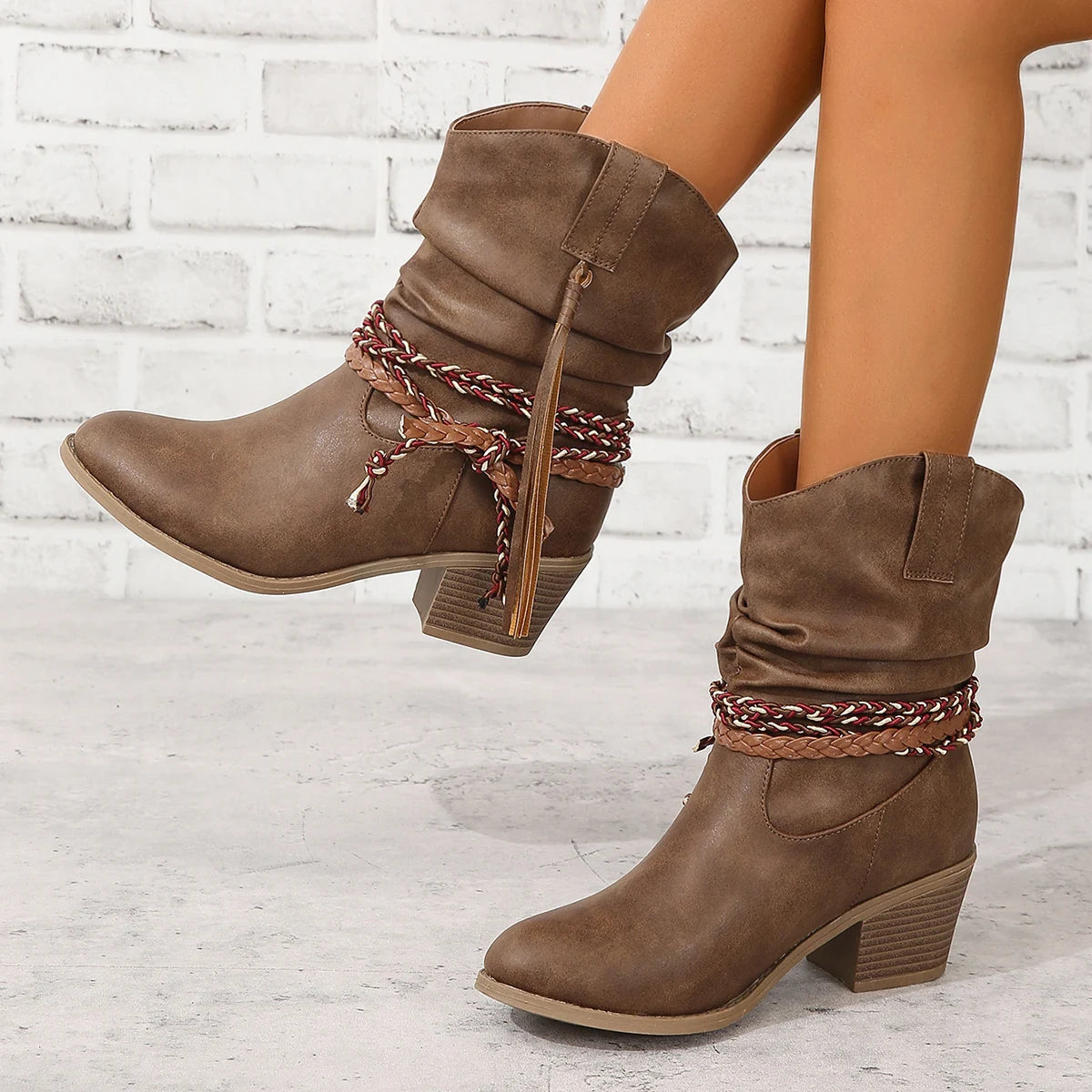Pleated Fringed Thick Heels High Heels Fringed Boots Braids Round Toe European and American Mid-Top Women's Boots