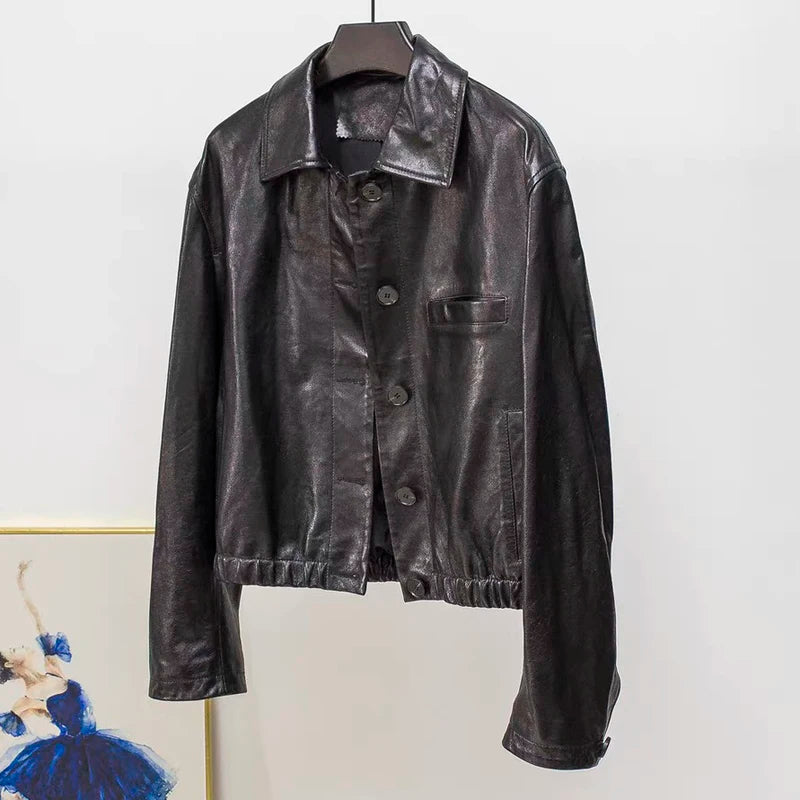 Advanced Oil Wax Leather Jacket for Women Autumn Winter Female 100% Lambskin Square Neck Elastic Waist  Loose Coat Vestes Femmes
