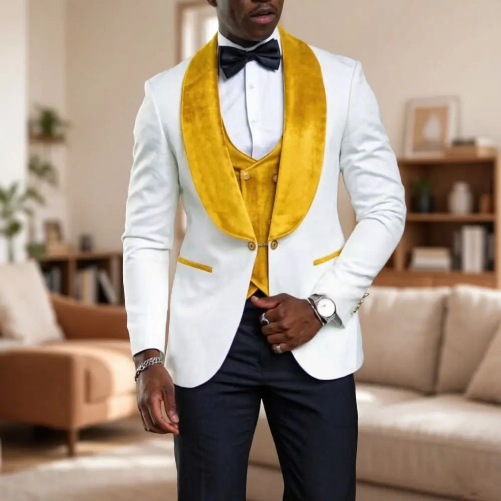 White Formal Suits for Men Slim Fit 3 Pieces Custom Made Wedding Tuxedo Mix Match Velvet Shawl Lapel Prom Movie Premiere Wear