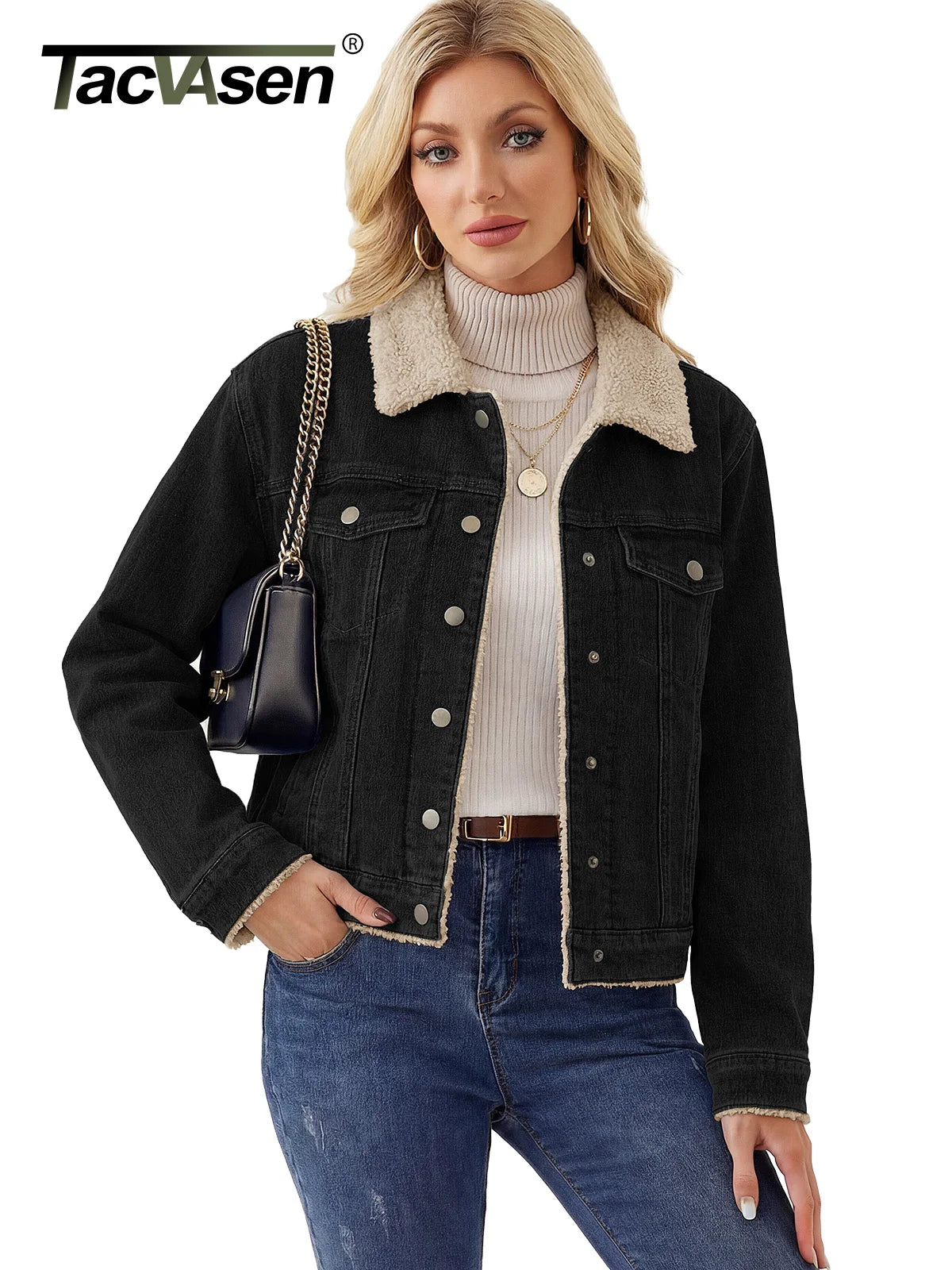 TACVASEN Women's Sherpa Lined Denim Jacket Winter Warm Fleece Trucker Coat Classic Button Down Outerwear with Multi-Pockets