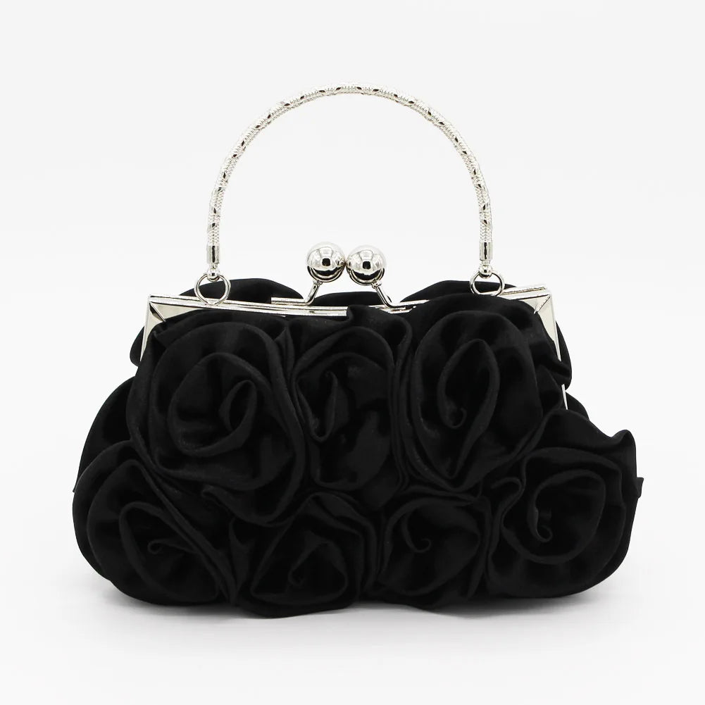 Satin Flower Clutch Bags For Women Banquet Party Evening Bags Metal Handbags Retro Blue Silver Black Chain Shoulder Bag female