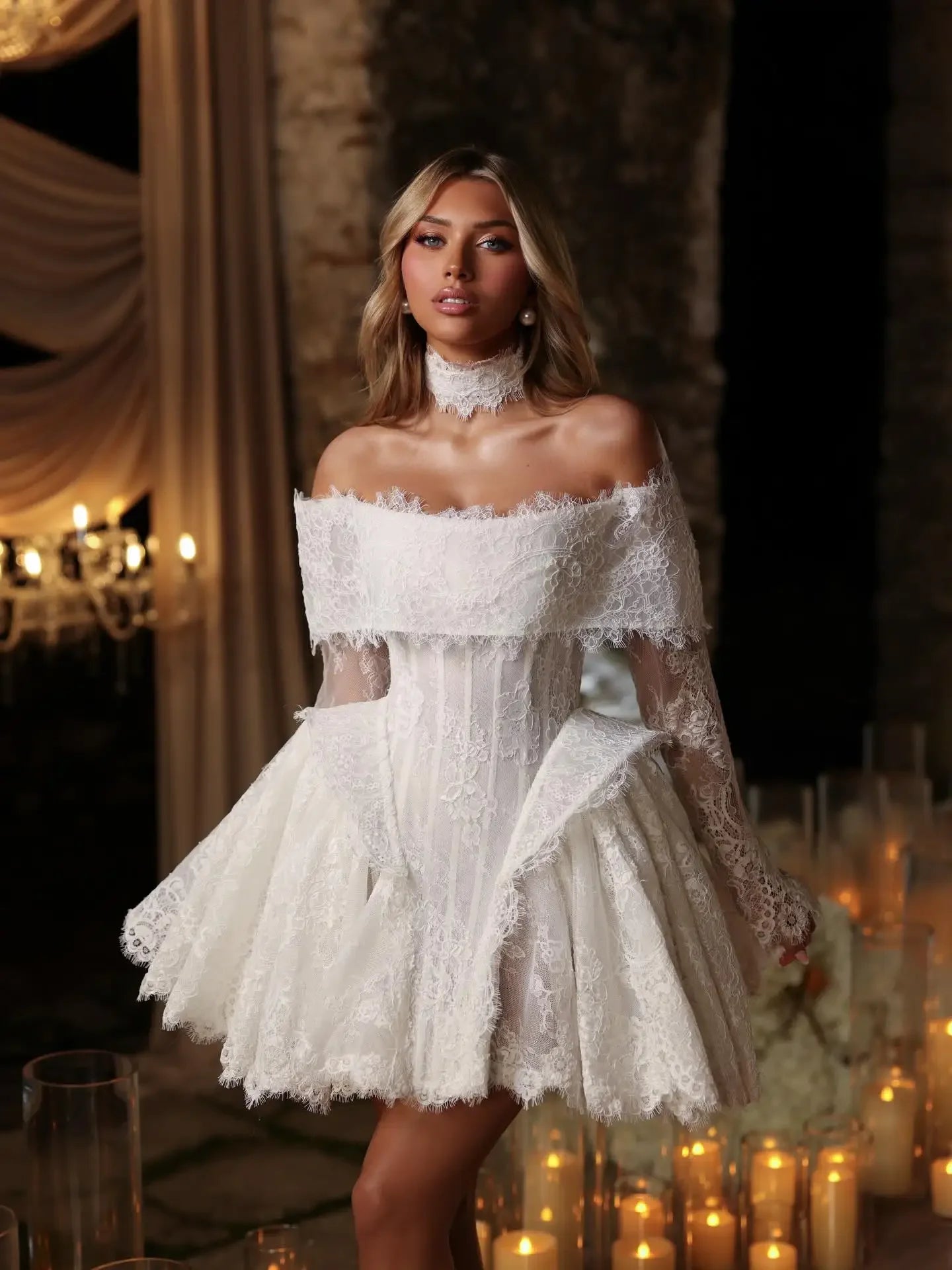 Lace Short Wedding Dresses Long Sleeves Pleated Vestido de Novia Off the Shoulder Corset Bridal Gowns Vestidos Customized