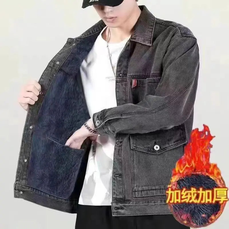 Men's Denim Jacket with Added Insulation and Thickening for Winter, Lamb Fur Lining, Durable Work Collar, Casual Jacket