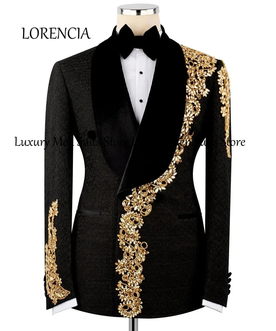 Exquisite Crystal Men's Suits 2 Pieces Rhinestone Groom Tuxedos Set Evening Party Outfits Customized Blazer Pants fatos de homem