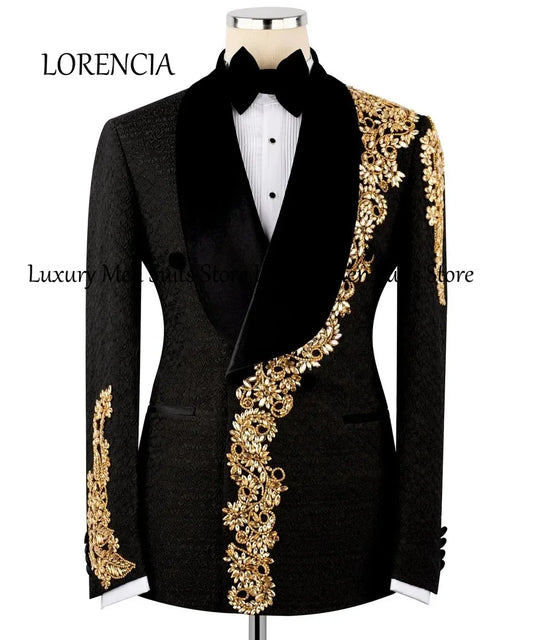 Exquisite Crystal Men's Suits 2 Pieces Rhinestone Groom Tuxedos Set Evening Party Outfits Customized Blazer Pants fatos de homem