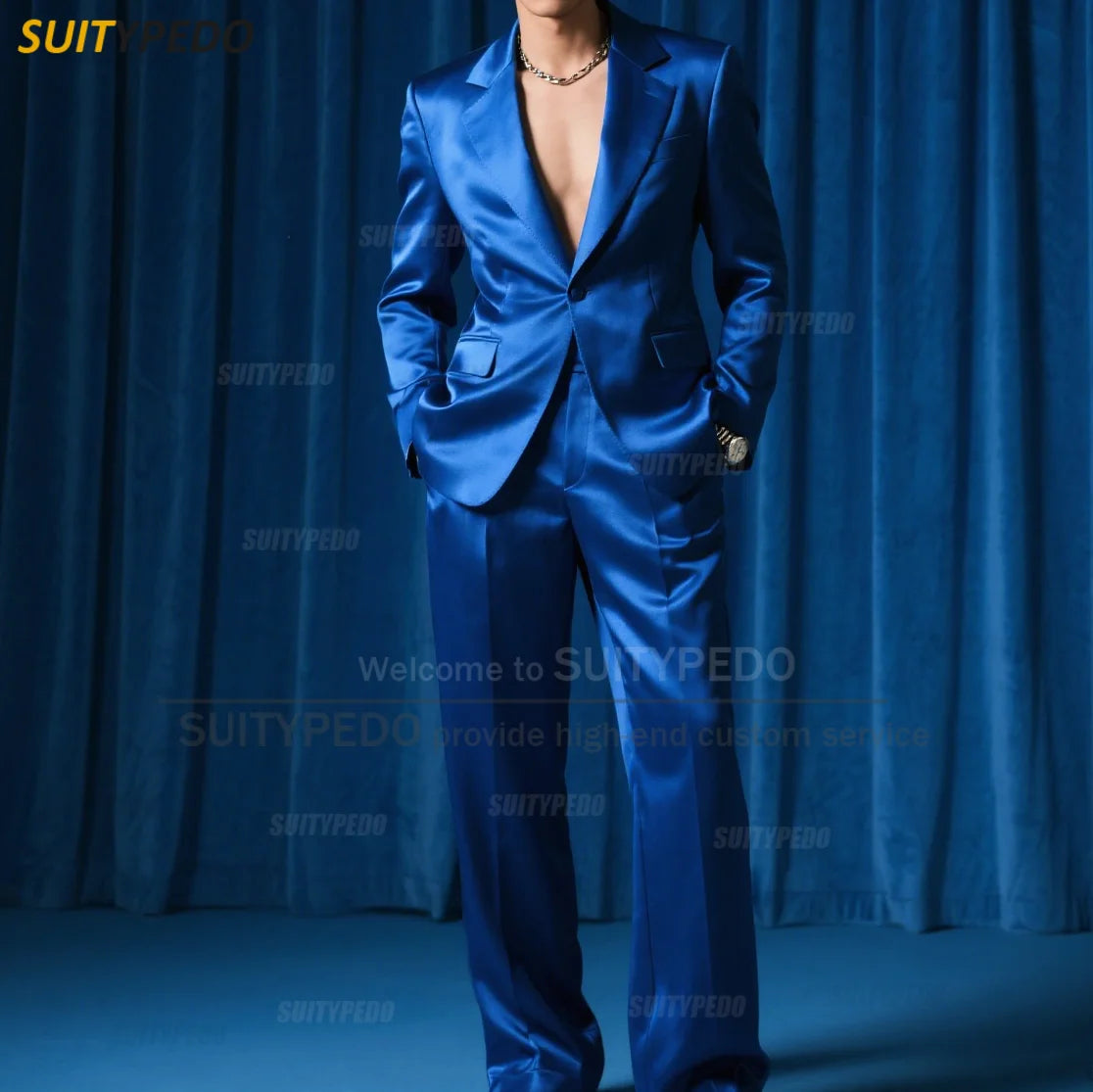 Fashion Royal Blue Satin Party Prom Men's Suit Sets 2 Pcs Blazer And Pants Brief Solid One Button Notch Lapel  Homme Costumes