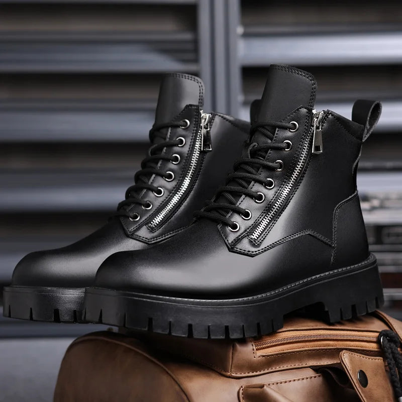 Motorcycle Boots Men's High Top Boots High Quality Mens Leather Shoes Fashion Outdoor Sneakers Men Lace Up Non-Slip Ankle Boots