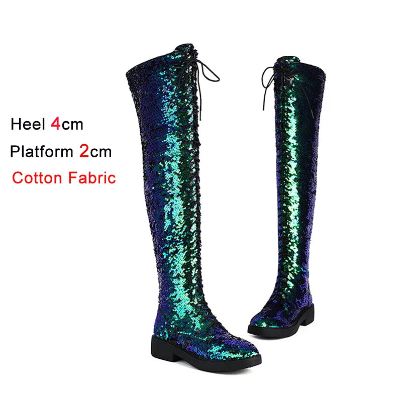 Lowheel Boots For Women Autumn Winter Thick Heels Over-knee-high Boots Shiny Sequined Club Dance Shoes Lace Up Thigh High Boots