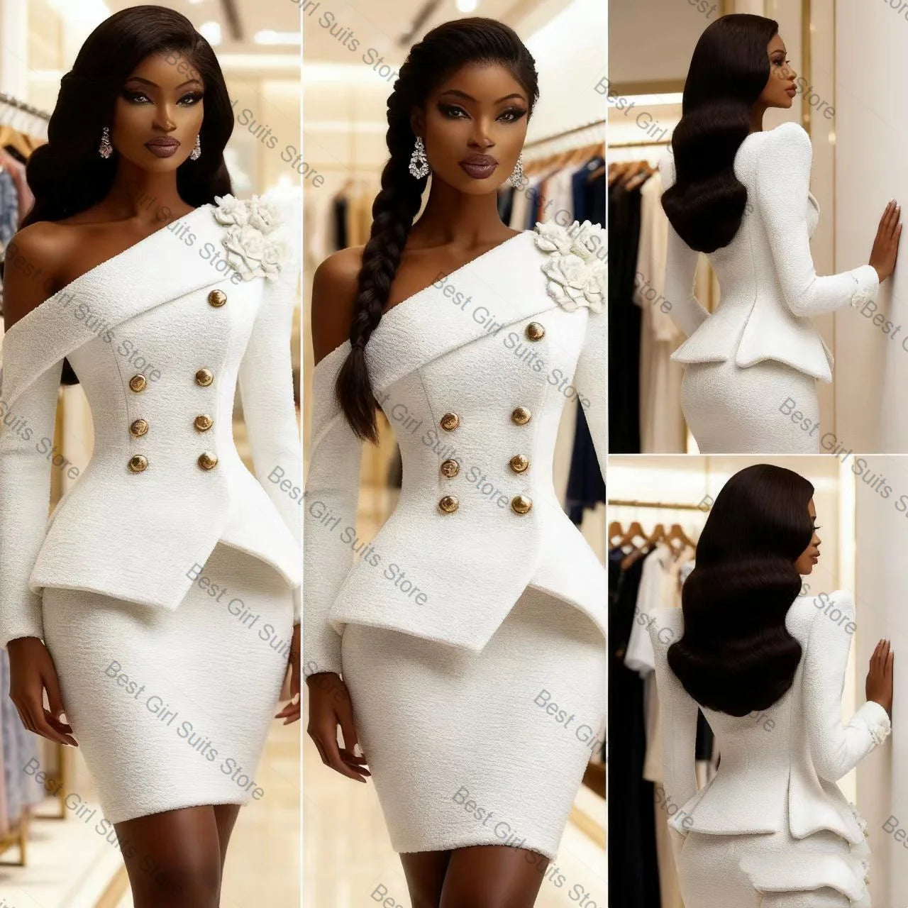White Women Suit Skirt Set 2 Piece Blazer+Short Mini Prom Dress 3D Flower Formal Office Lady Jacket Customized Prom Wedding Coat