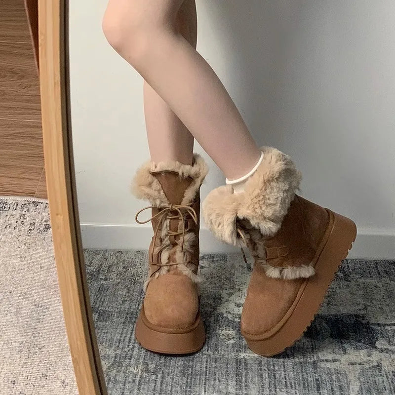 Retro fur integrated warm snow boots for women in winter 2025, new thick soled and plush thick anti slip cotton shoes