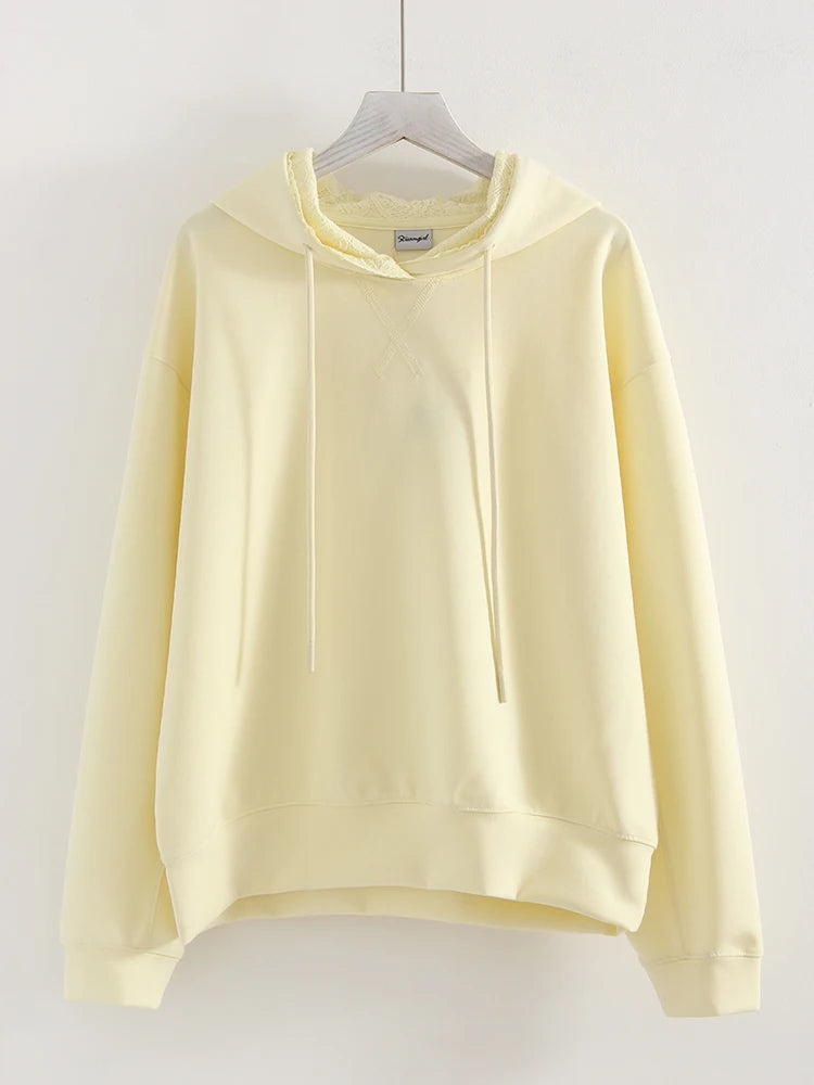 Streamgirl Brown Hoodies With Lace Women Oversize Plain Spring Elegant Butter Yellow Hooded Sweatshirts For Women Oversized