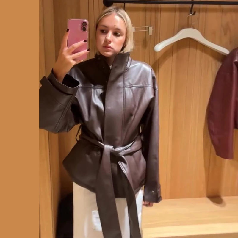 Faux Leather Jacket Stand Collar Winderbreaker Woman Waist Tie Belt Coat Long Sleeve Loose PU Leather Coat Street Wear Clothes