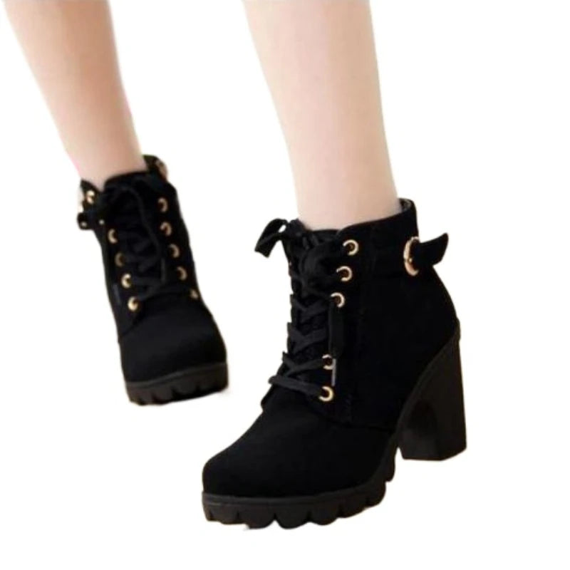 Boots Women Shoes Women Fashion High Heel Lace Up Ankle Boots Ladies Buckle Platform Artificial Leather Shoes Bota Feminina 2024