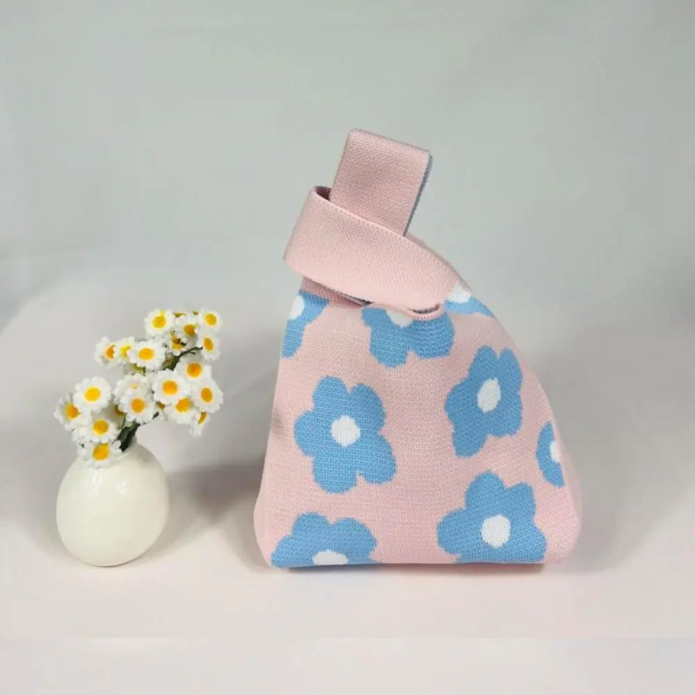 Casual Knitted Knot Wrist Bag Handmade Flower Embroidery Tote Bag Large Capacity Shopping Bags Women Girls