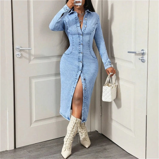 Long Dress Women Denim Dresses Sexy Vestidos Y2k Streetwear Turn Down Collar Full Sleeve Hip Wrap Elegant Party Night Work 2026