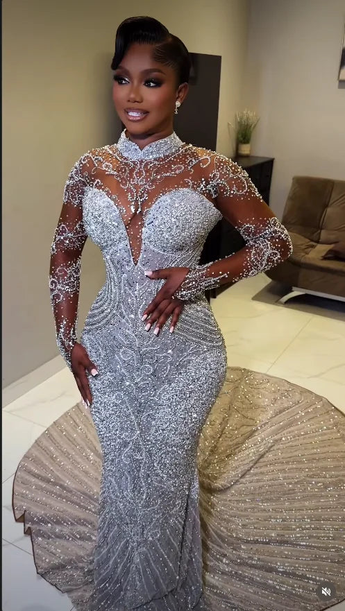 High Neck Sheer Long Sleeve Rhinestone Mermaid Wedding Dress Deep V Illusion African Bridal Gown Vestido De Novia Customized