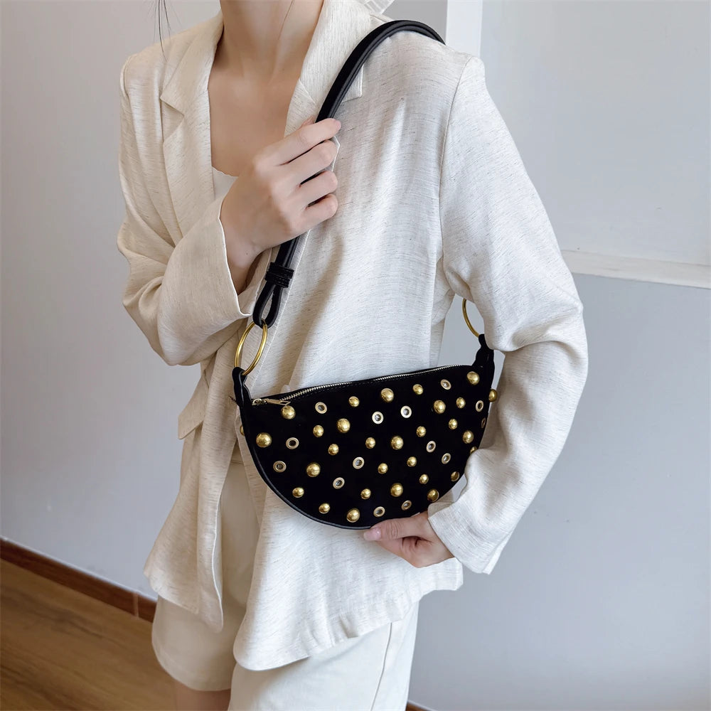 MOODS Branded Half-moon Shoulder Bags For Women Faux Suede Rivets Decor Crossbody Hobo Bags 2025 Latest Designer Handbags Luxury