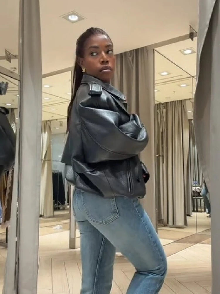 Vintage Black Faux Leather Moto Jacket Women Stand High Collar Design Oversized Cropped Biker Coat Street Fashion Outerwear 2026