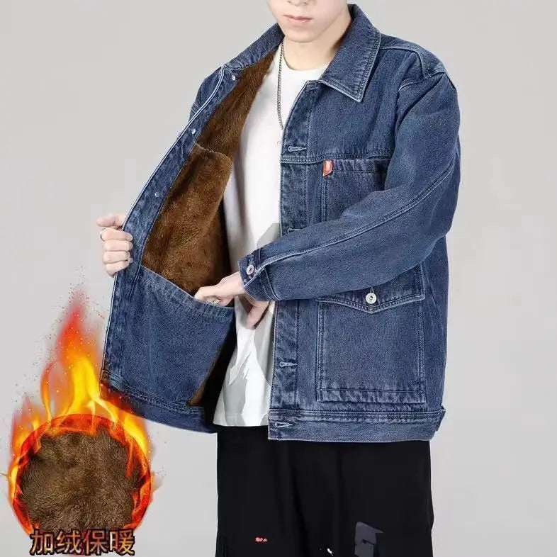 Men's Denim Jacket with Added Insulation and Thickening for Winter, Lamb Fur Lining, Durable Work Collar, Casual Jacket